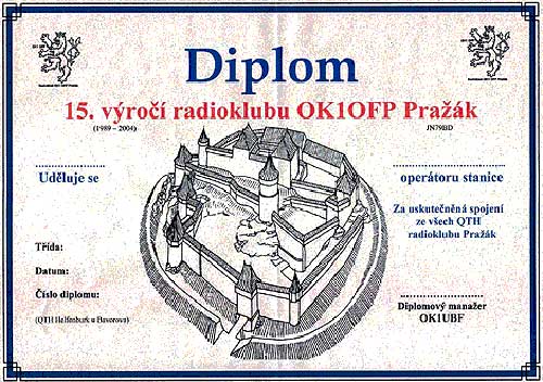 Diplom 15.let radioklubu OKIOFP Pražák